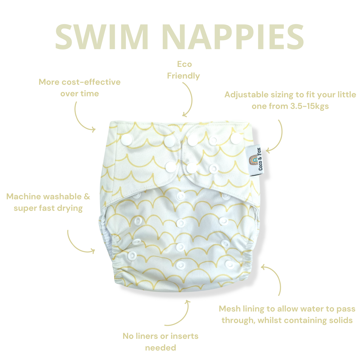 Baby Reusable Swim Nappy White with lemon yellow waves