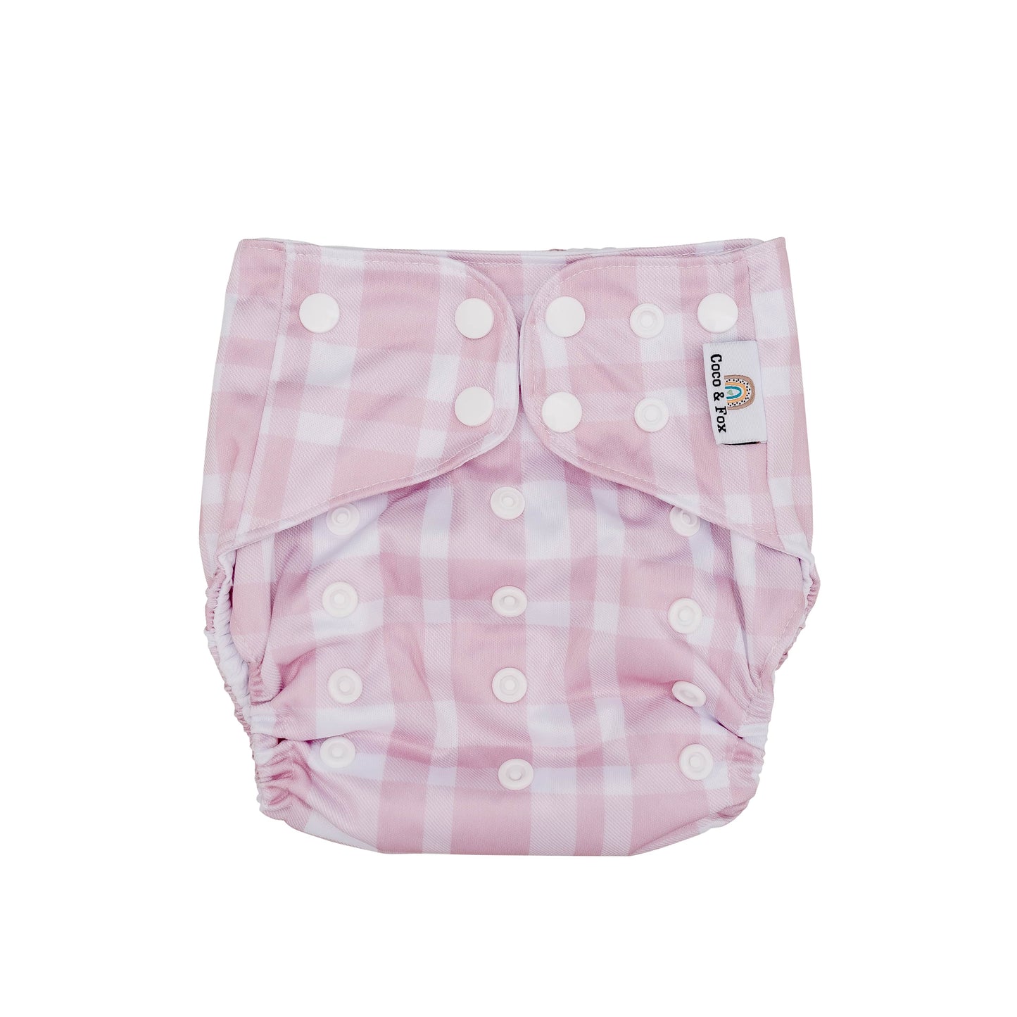 Baby reusable swim nappy. Pink and white gingham pattern. Size is adjustable to fit newborn to toddler.