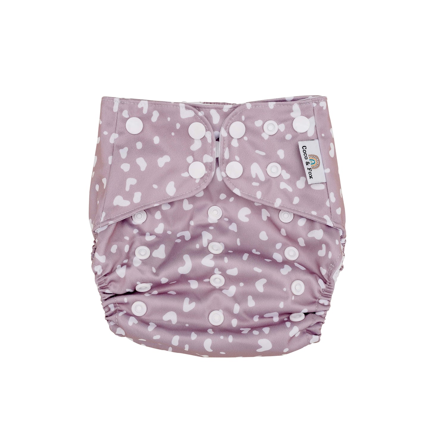 Baby reusable swim nappy. Mauve nappy with white hearts. Size is adjustable to fit newborn to toddler.
