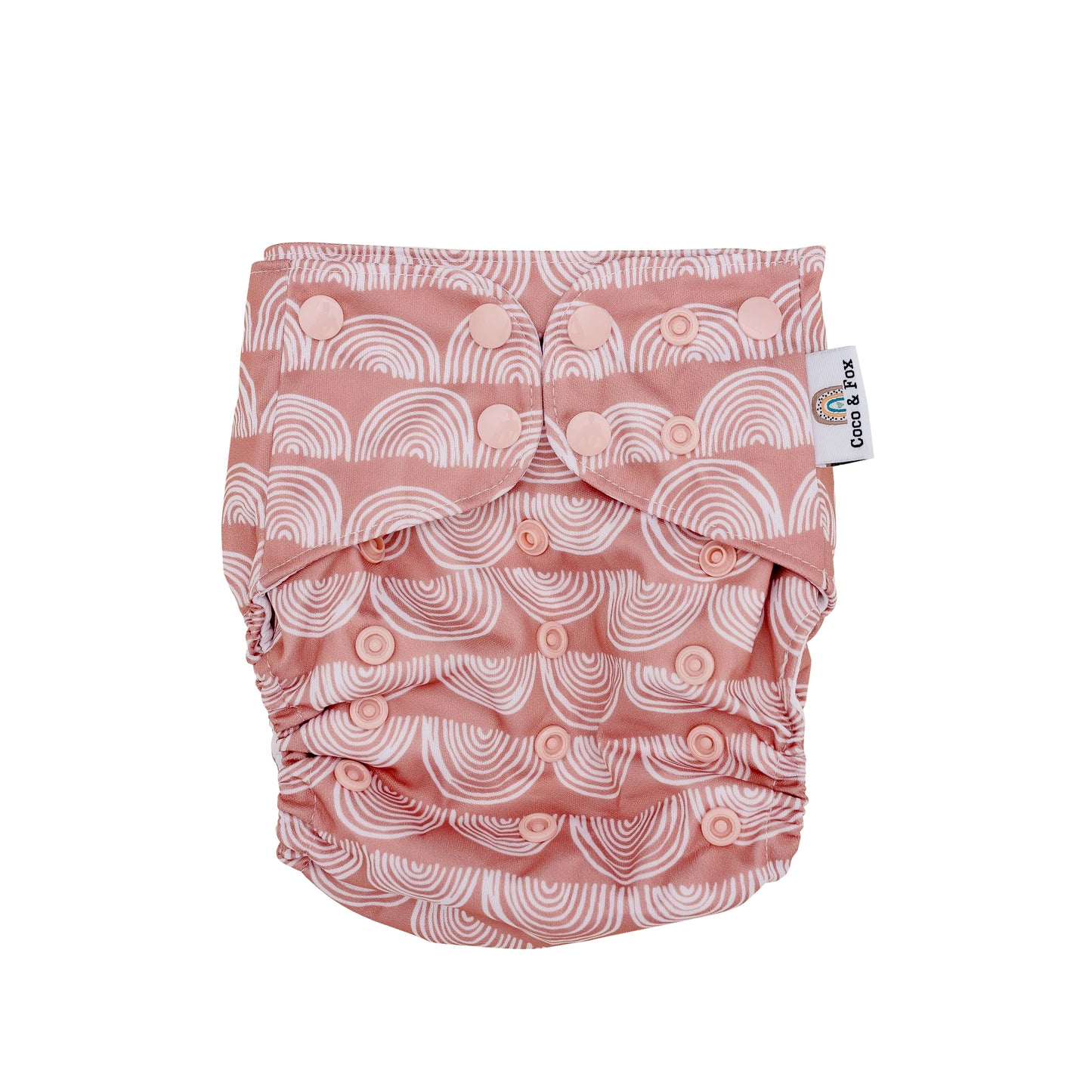 Baby reusable swim nappy. Peach nappy with white boho rainbows. Size is adjustable to fit newborn to toddler.