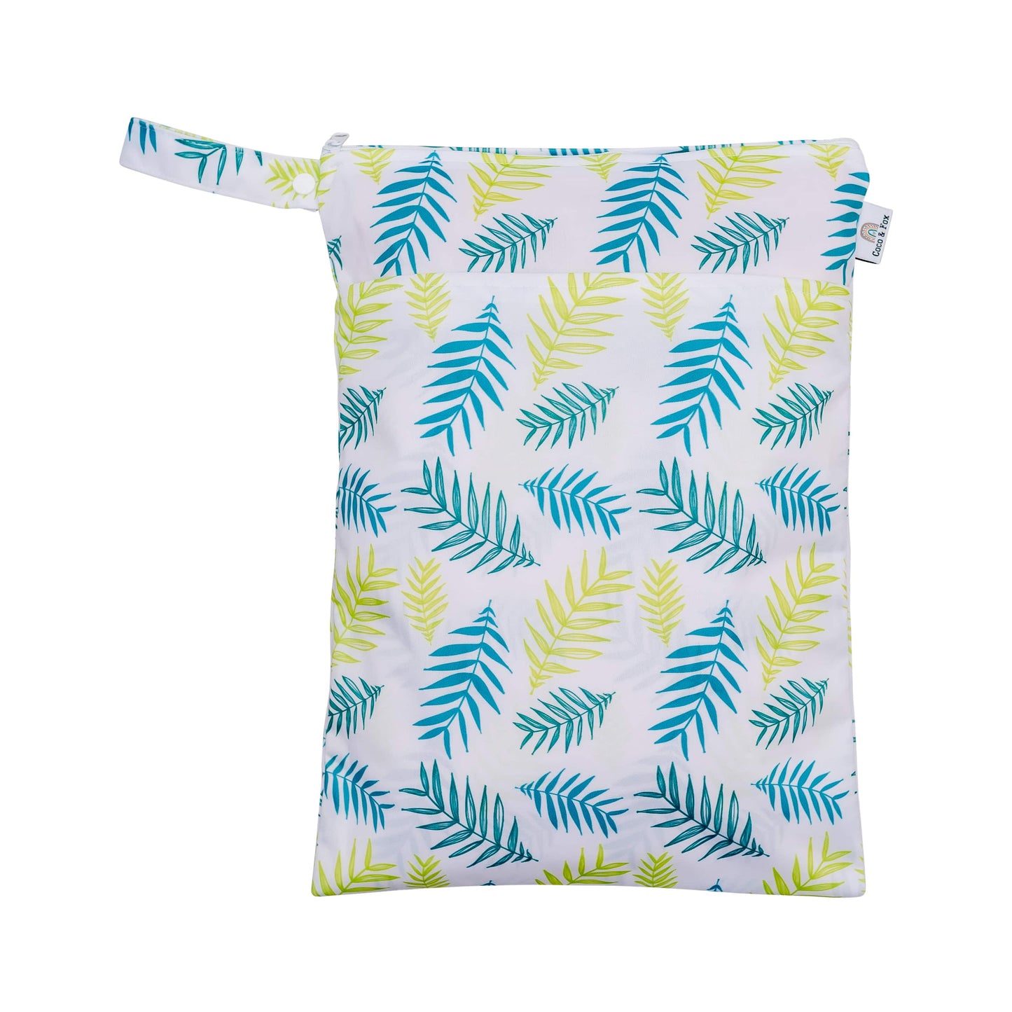 Lightweight water-resistant wet bag. Featuring two zip pockets to separate wet and dry items, with a snap handle to attach to your pram or store in your everyday baby bag. This bag is white with lime and blue tropical leaves.