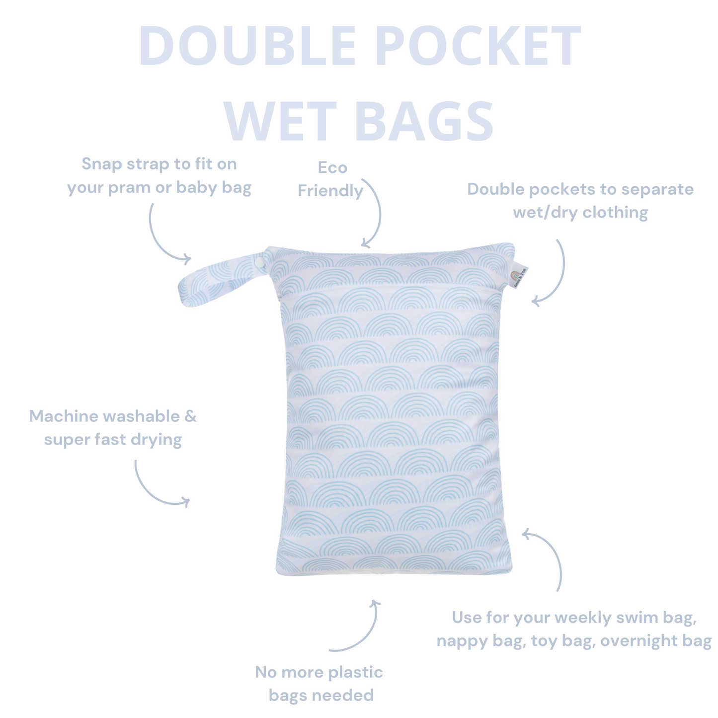 Double Zip Pocket Wet Bag - White with Powder Blue Rainbows