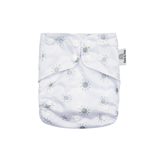 Reusable Swim Nappy in white with pale green suns