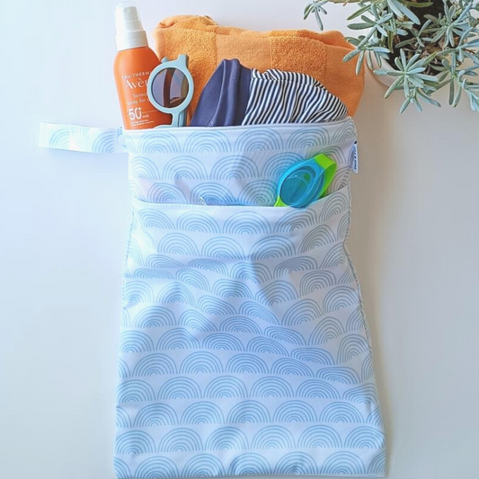 Double Zip Pocket Wet Bag - White with Powder Blue Rainbows