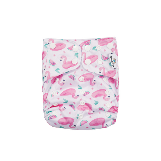 Reusable Swim Nappy with pink flamingos and watermelon