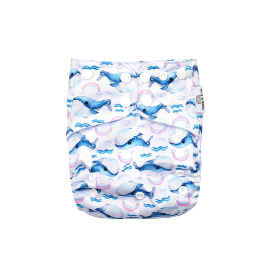 Reusable swim nappy with Blue whales and rainbows