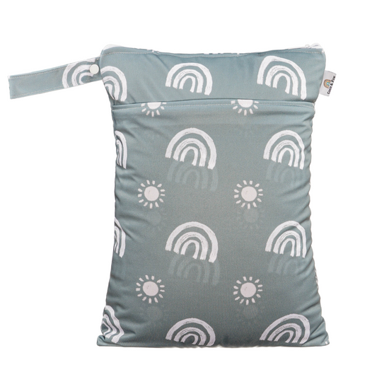 Reusable Wet Bag double pocket Sage Green with white sun and rainbow