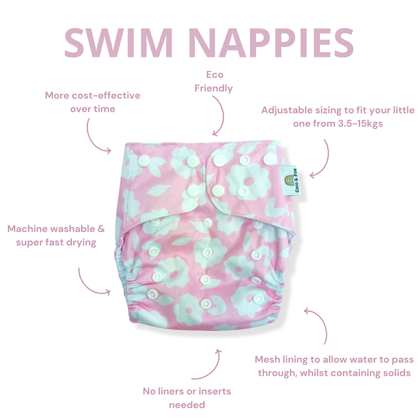 Baby Reusable Swim Nappy Bubblegum Pink with White Flowers