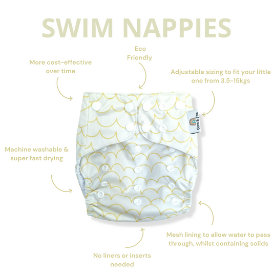 Baby Reusable Swim Nappy White with lemon yellow waves