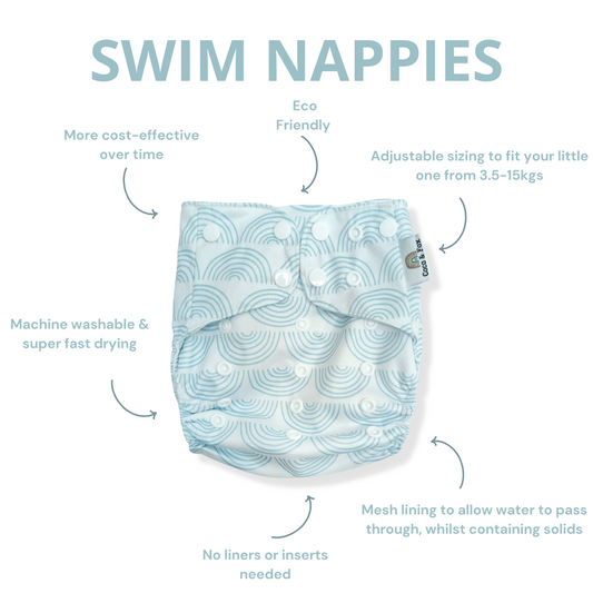 Baby Reusable Swim Nappy White with Blue Rainbows