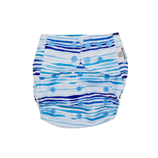Baby reusable swim nappy.  White nappy with with blue stripes. Size is adjustable to fit newborn to toddler.