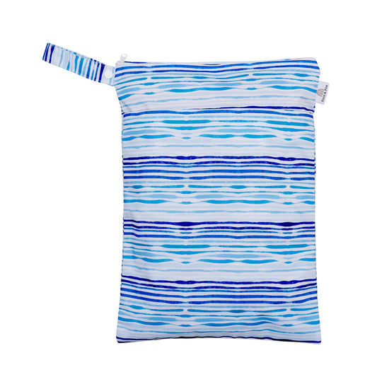 Lightweight water-resistant wet bag.  Featuring two zip pockets to separate wet and dry items, with a snap handle to attach to your pram or store in your everyday baby bag. This bag has different tones of blue stripes.  