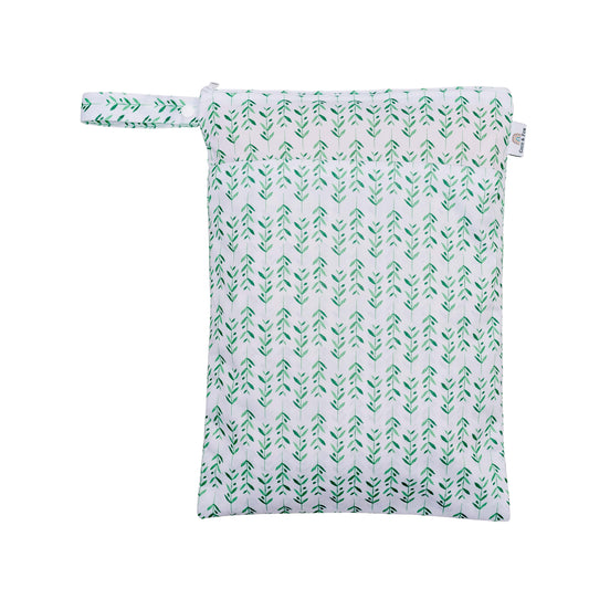 Lightweight water-resistant wet bag.  Featuring two zip pockets to separate wet and dry items, with a snap handle to attach to your pram or store in your everyday baby bag. This bag is white with emerald green vertical vines.    