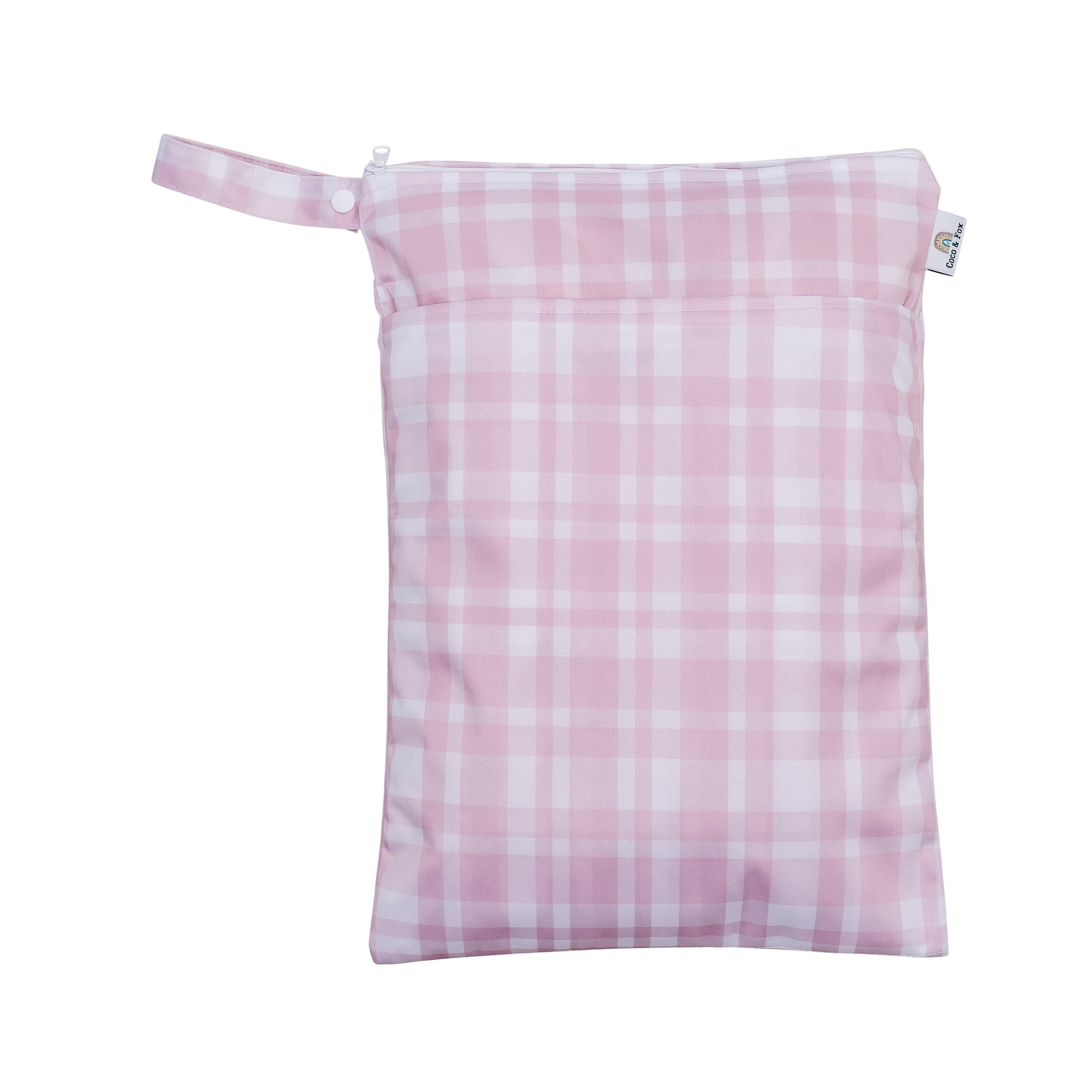 Lightweight water-resistant wet bag.  Featuring two zip pockets to separate wet and dry items, with a snap handle to attach to your pram or store in your everyday baby bag. This bag is white and pale pink gingham pattern.     