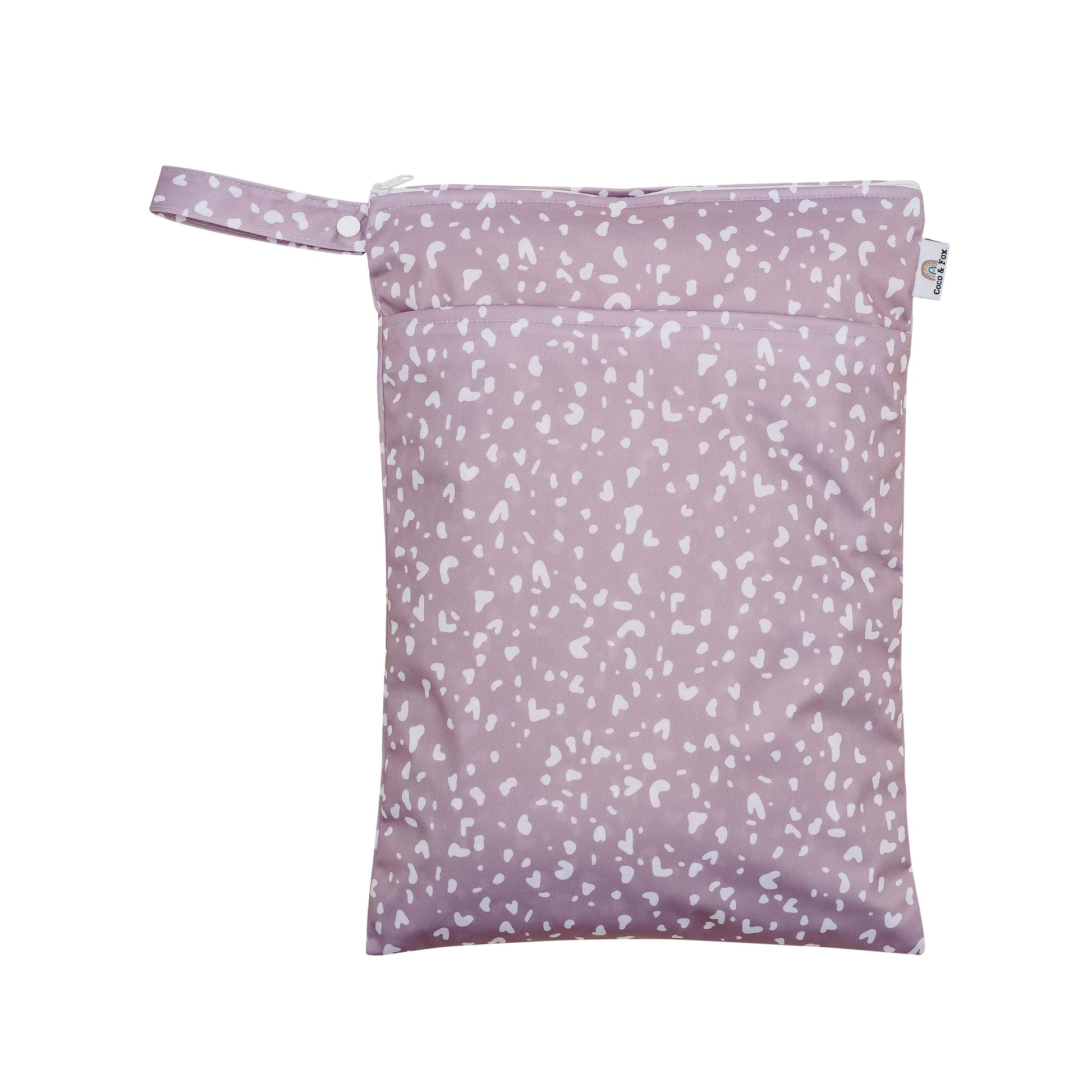 Lightweight water-resistant wet bag.  Featuring two zip pockets to separate wet and dry items, with a snap handle to attach to your pram or store in your everyday baby bag. This bag is mauve with white heart shapes.     